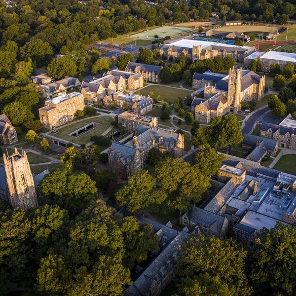 aerial view of a Collegiate Gothic campus