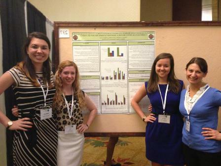 Professor with three female students presenting research on a poster board